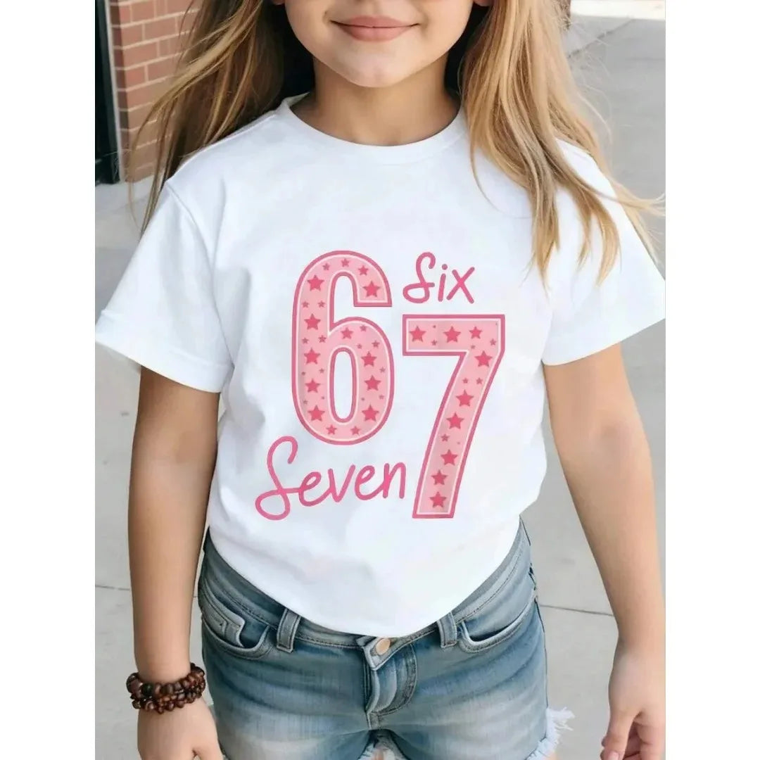 Children's 67 Christmas Elf Print Girls Short Sleeve Round Neck Tee Parties Casual Wear Comfort Children Clothes Girl Clothing