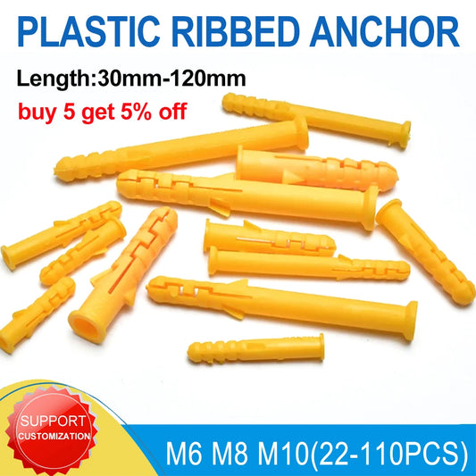 M6 M8 M10 20pcs-100pcs Yellow Plastic Expansion Pipe Tube Rubber Plug Wall Plugs Plastic Ribbed Anchor for Self-tapping Screws