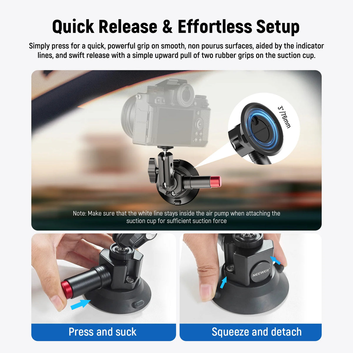 Neewer 3" Suction Cup Camera Mount Bracket with Ball Head Magic Arm, Quick Release Car Mount For iPhone DJI Insta360