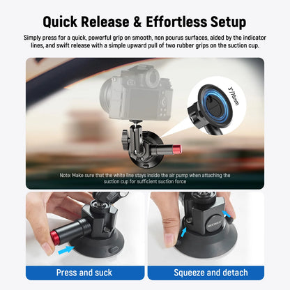 Neewer 3" Suction Cup Camera Mount Bracket with Ball Head Magic Arm, Quick Release Car Mount For iPhone DJI Insta360