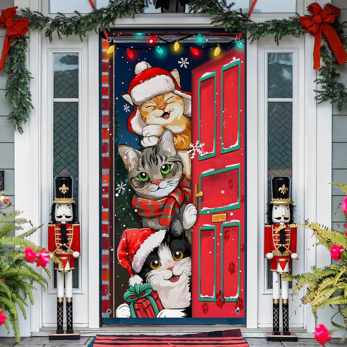 Christmas Tabby & Tuxedo Cat Decorations, Xmas Orange Front Door Banner,Christmas Door Cover Winter Holiday Indoor/Outdoor Fun