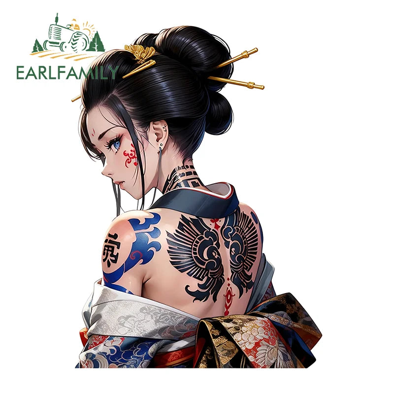 EARLFAMILY Tattooed Geisha Motorcycle Stickers Character Campervan Rear Windshield Decal Simple Practical Sunscreen DIY Car Body