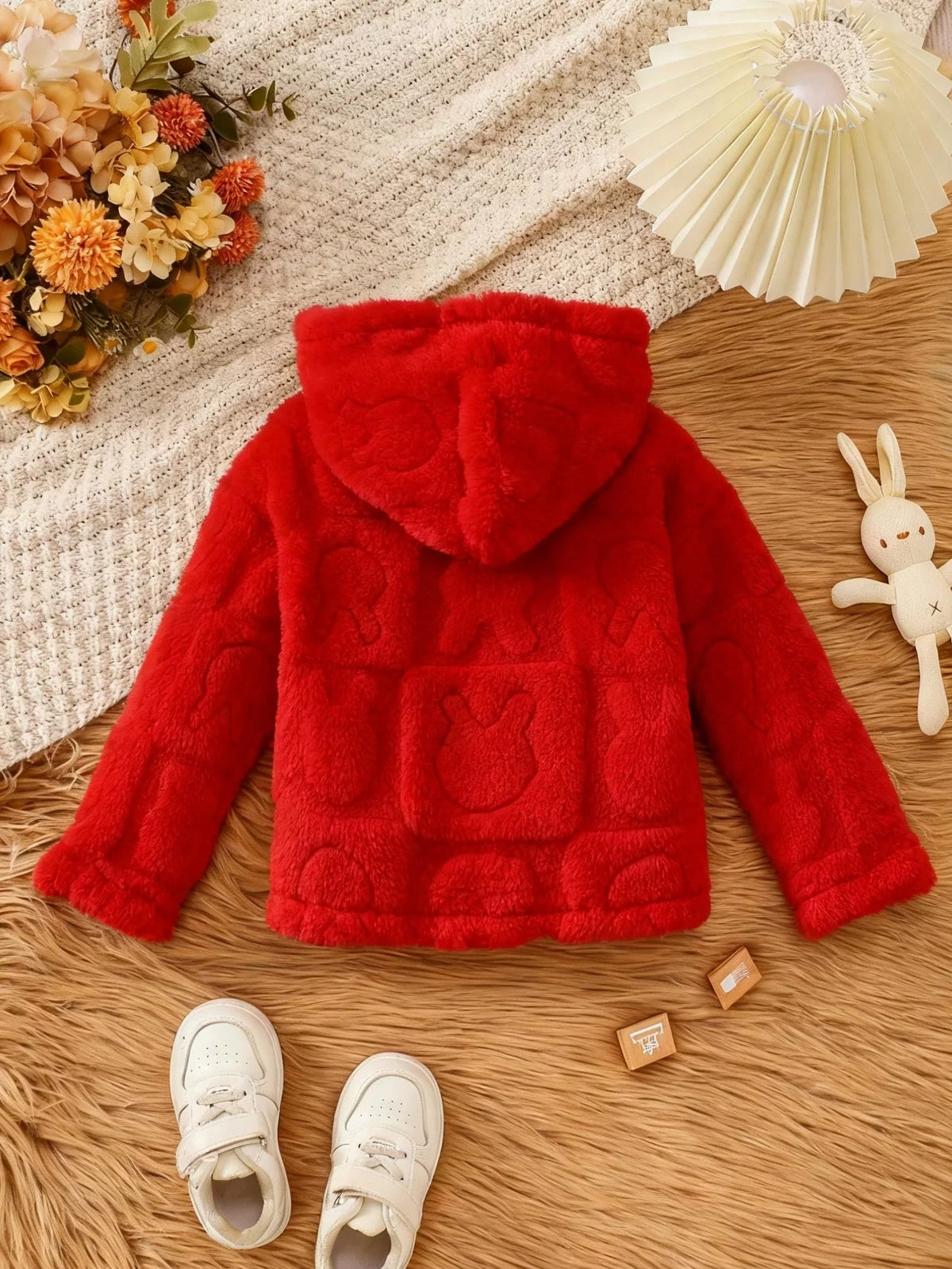 Cozy Solid-Color Fleece Hooded Jacket for Girls, Featuring Heart Patterns – Sweet Winter Fashion with Buttons, Ideal for Outdoor