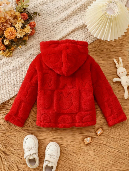 Cozy Solid-Color Fleece Hooded Jacket for Girls, Featuring Heart Patterns – Sweet Winter Fashion with Buttons, Ideal for Outdoor