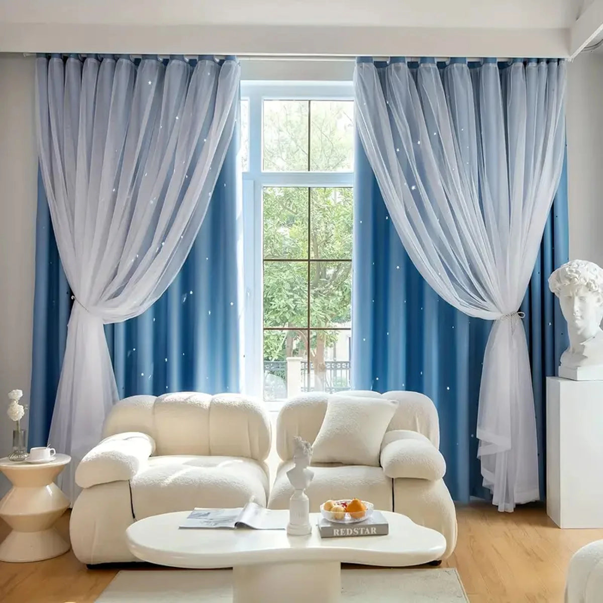 1pc Stylish Double Layer Sheer  Paired Curtains, Star Details, Blackout for Living Room,Bedroom,Cozy Dreamy Space