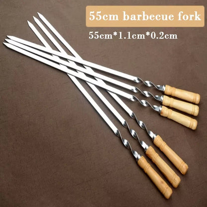 45/55cm BBQ Fork Wood BBQ Skewers Long Handle Kebab Barbecue Grill Sticks Reusable Stainless Steel Outdoor Camping Grill Needle