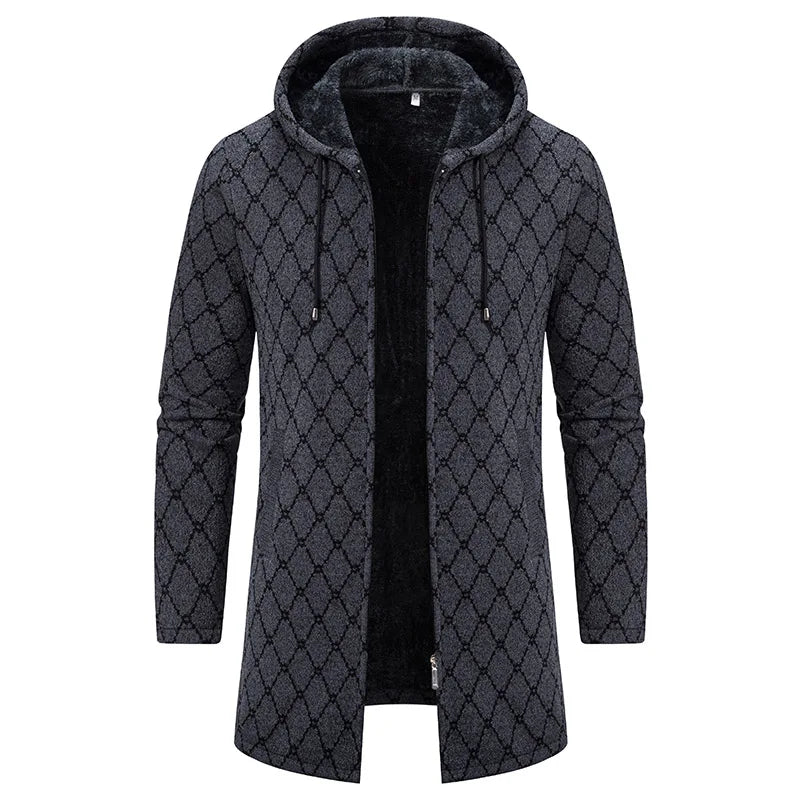 Mens Long Knit Cardigan Autumn Winter Sweater Coat Fleece Heavy Hooded Trench Coat Solid Chenille Men's Fashion Jacket