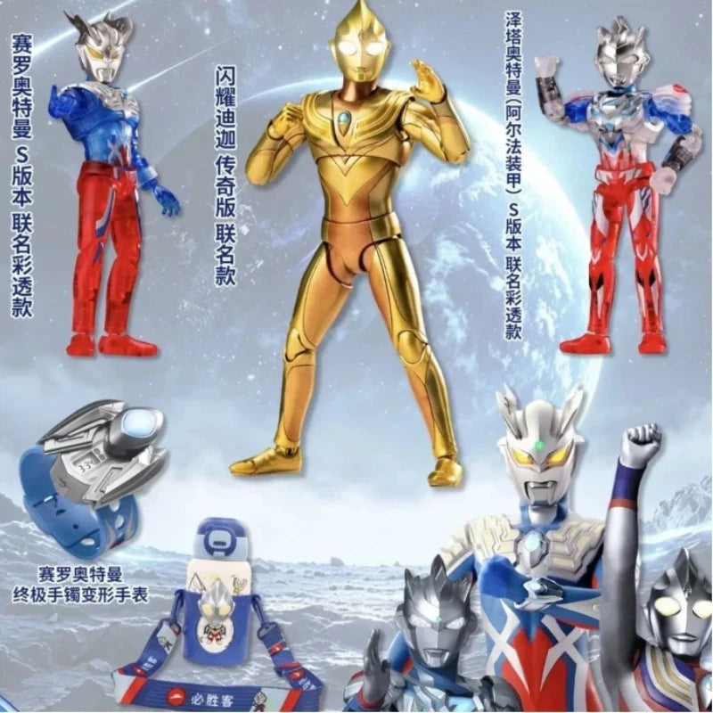 In Stock Blokees Co-brand Glitter Tiga Action Figure Light Up Ultraman Merch Figure Insulated Cup Transformable Watch For Fans