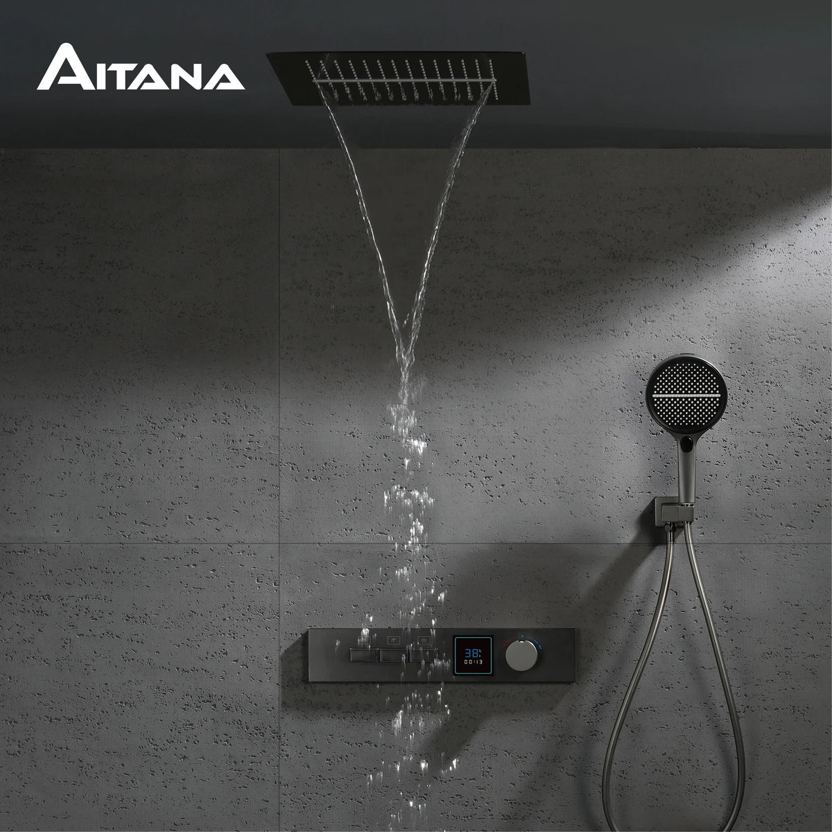 Luxury Gun Gray Brass Shower System with LED Digital Display Design Wall Mounted Constant Temperature 3-Function Bathroom Faucet