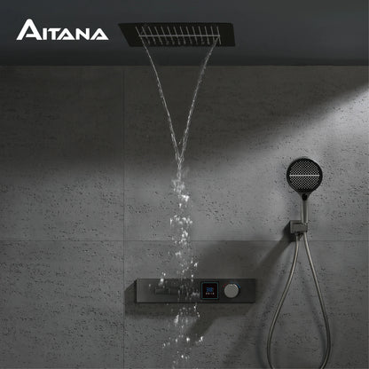 Luxury Gun Gray Brass Shower System with LED Digital Display Design Wall Mounted Constant Temperature 3-Function Bathroom Faucet