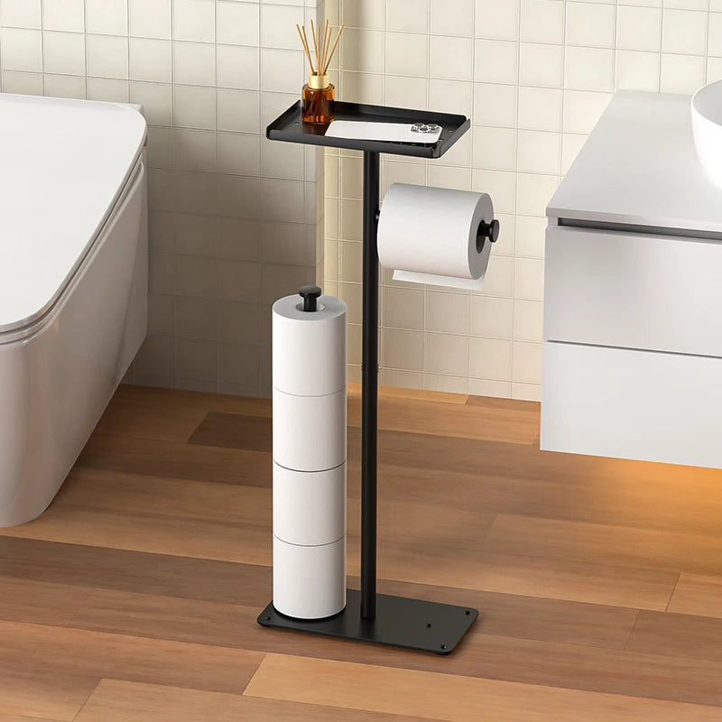 Vertical Toilet Paper Holder with Shelf, Toilet Paper Storage, Multi Roll Paper Storage Rack, Bathroom, Black, Bathroom Storage
