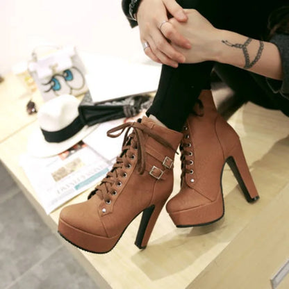 Winter Women Platform Ankle Boots 12cm Super High Chunky Heels Black Plush Rivet Lace Up Motorcycle Lady Studded Punk Short Boot