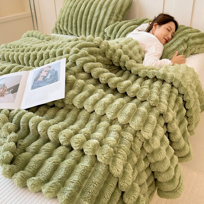 Thick Warm Wide Striped Flannel Blanket Solid Color Soft Fluffy Plush Throws for Sofa Bed Office Travel Multifunctional Blanket