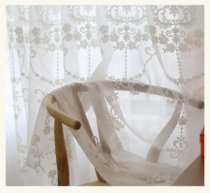 White European Sheer Voile Curtains Drapes Floral Embroidered Design Rod Pocket Top for Living Dining