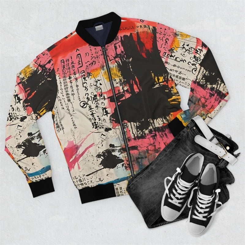 Harjauku Japanese Style Graffiti Art Men's Oversized 3D Jacket Sportswear Autumn Long Sleeve Zipper Sweater Baseball Jackets GYM