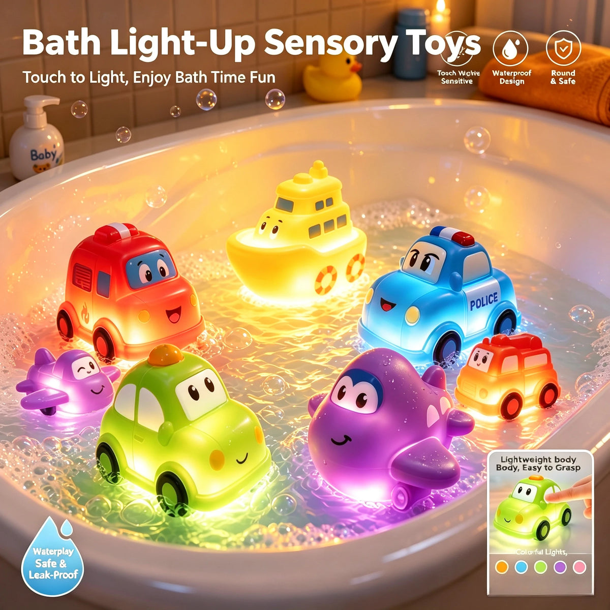 1 Set Cute Cartoon Car Light Up Toy, Vinyl Touch Sensor Vehicle, Colorful Flashing Water Toy for Baby Bath Gift Baby Bath Toys
