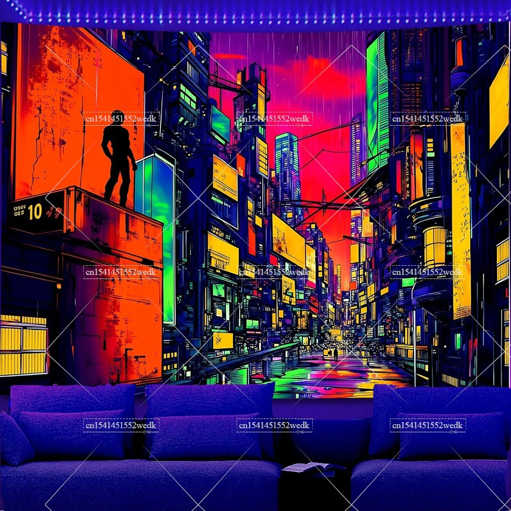 Glow In The Dark Urban Landscape Blacklight Tapestry UV Reactive Street Scene Neon Tapestrys Aesthetic Fluorescent Tapestries