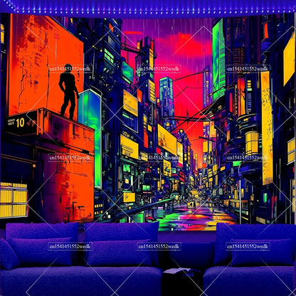 Glow In The Dark Urban Landscape Blacklight Tapestry UV Reactive Street Scene Neon Tapestrys Aesthetic Fluorescent Tapestries