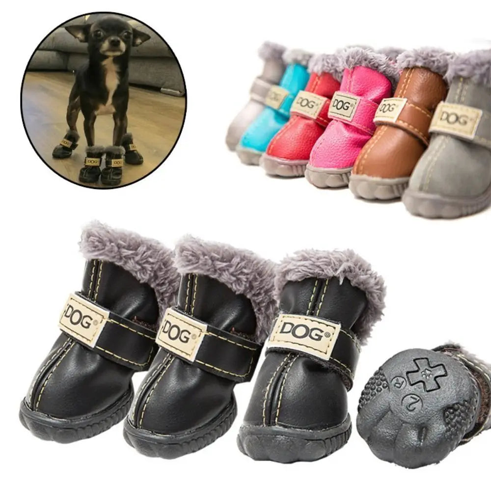 Soft Pet Snow Boots Fashion Waterproof Non Slip Winter Pet Dog Shoes Plush/PU Warm for 4Pcs/Set Winter