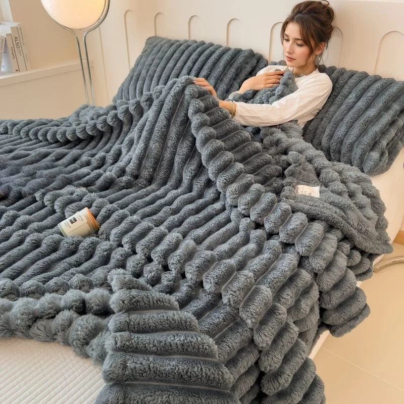 Thick Warm Wide Striped Flannel Blanket Solid Color Soft Fluffy Plush Throws for Sofa Bed Office Travel Multifunctional Blanket