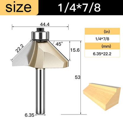 Tideway 45 Deg Bevel Edge Forming Chamfer Router Bits with Bearing Chamfering CNC Wood Cutting Tools Woodworking Milling Cutter