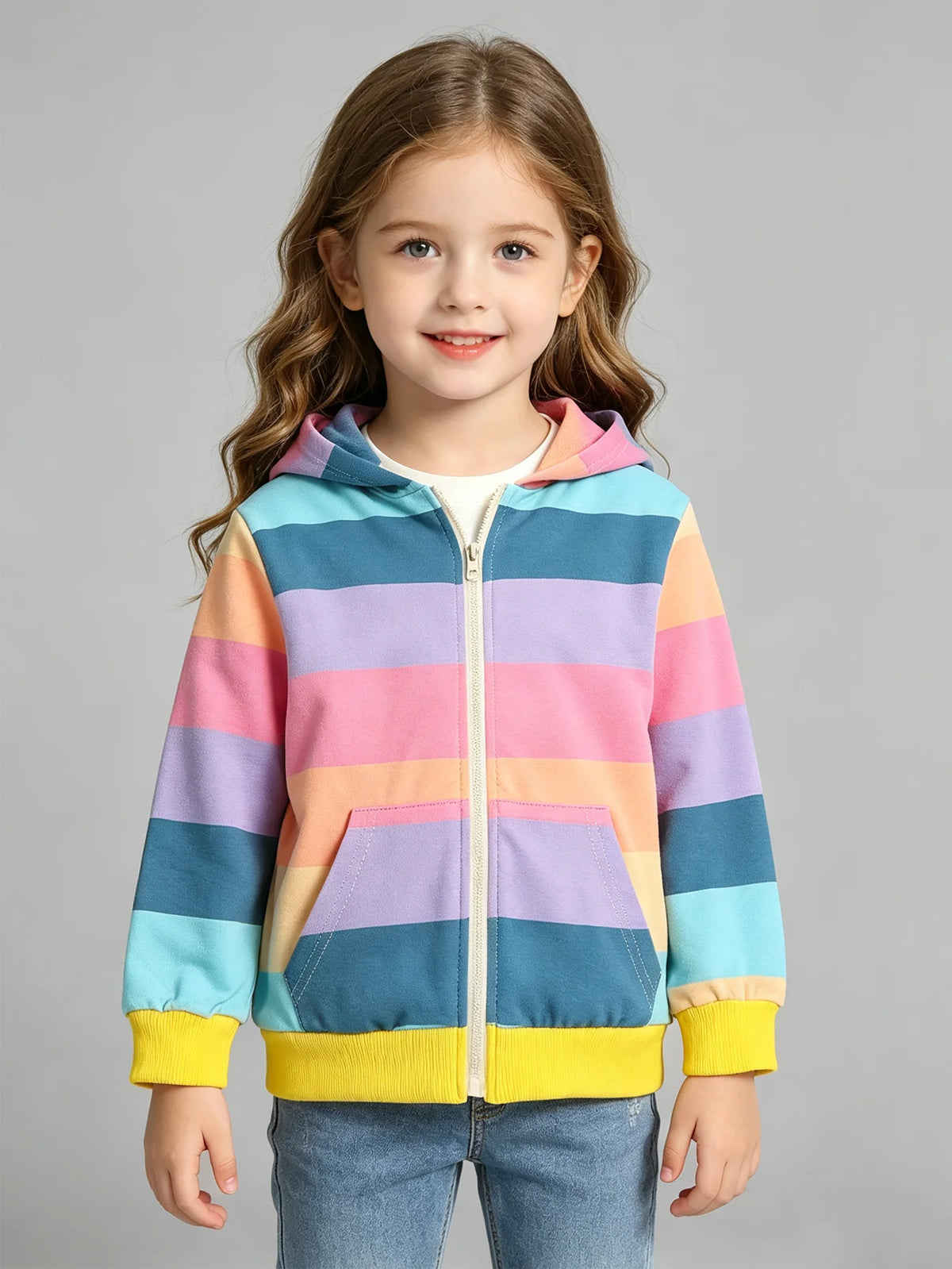 Girls' Trendy Casual Hooded Sports Jacket Multi-Color Striped Long Sleeve Coat Spring Autumn Fashion Outerwear for Kids