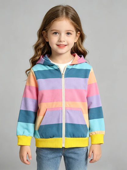 Girls' Trendy Casual Hooded Sports Jacket Multi-Color Striped Long Sleeve Coat Spring Autumn Fashion Outerwear for Kids