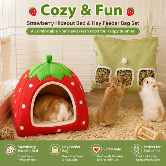 2PCS Rabbit Bed & Hay Feeder Bag Set, Strawberry Hideaway House, Hanging Hay Rack, Soft Cage Accessories for Bunny Guinea Pig