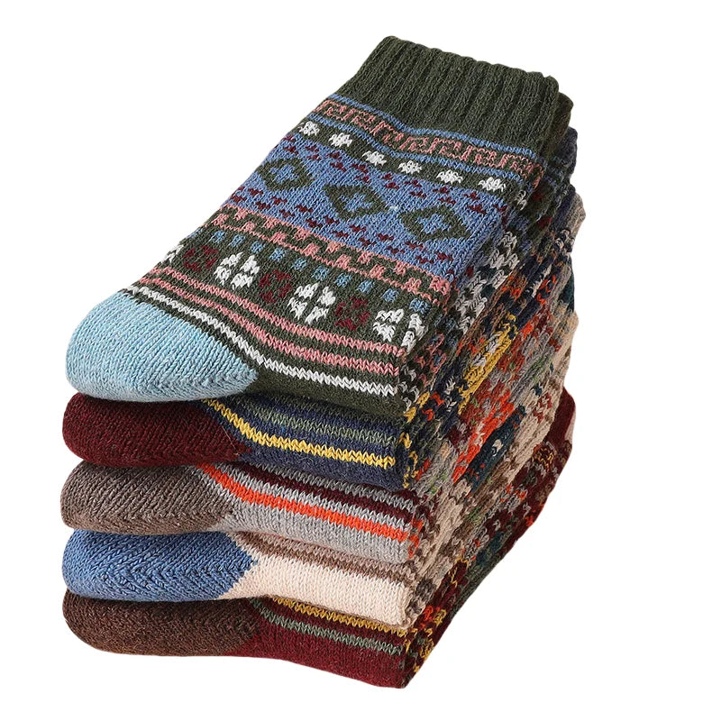 5pairs Unisex Ethnic Style Vintage Thick Wool Warm Crew Men Socks Soft Ultra-Comfortable High Quality Breathable Women's Sock