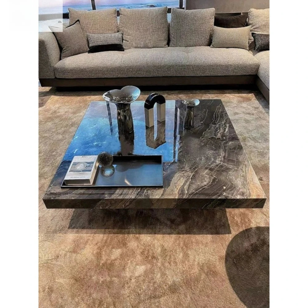 Modern Luxury Coffee Table Sintered Stone Square Tea Table Stainless Steel Marble Look Center Table Living Room