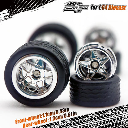 1/64 Model Car Wheels with Rubber Detachable Tires Pentagram Spoke Refitting Parts for Matchbox D:11mm+13mm 1 Set