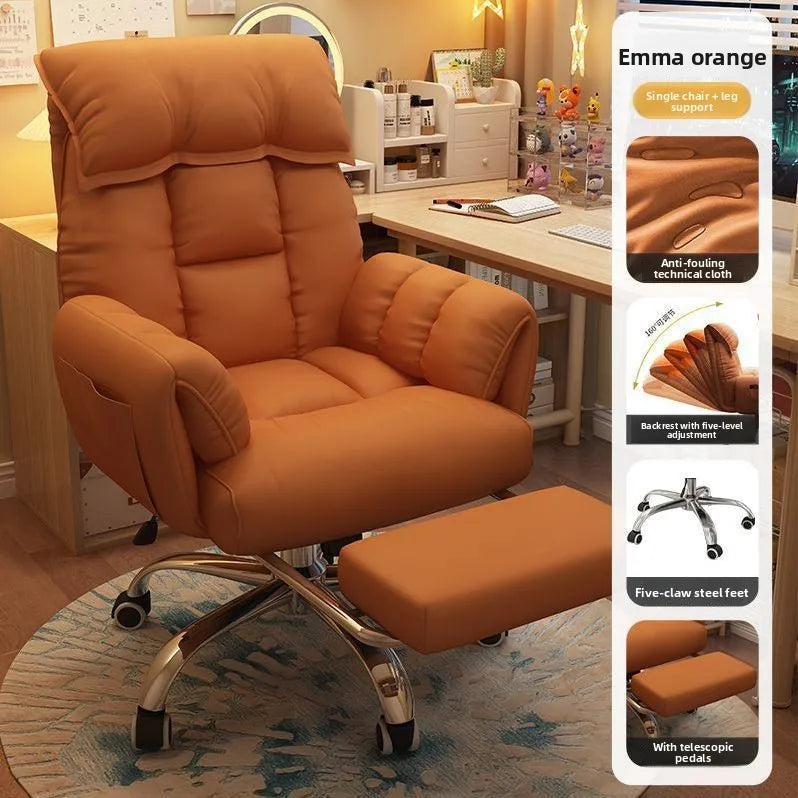 Comfortable Computer Chair with Armrest Footrest Home Office Dormitory Lounge Recliner Back Support Pillow Adjustable Seat