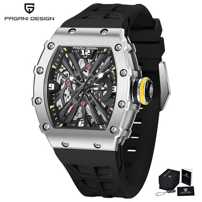 PAGANI DESIGN Men's Quartz Watch Tonneau Hollow Dial Luminous 50M Waterproof Sports Silicone Strap Luxury Watch Reloj Hombre