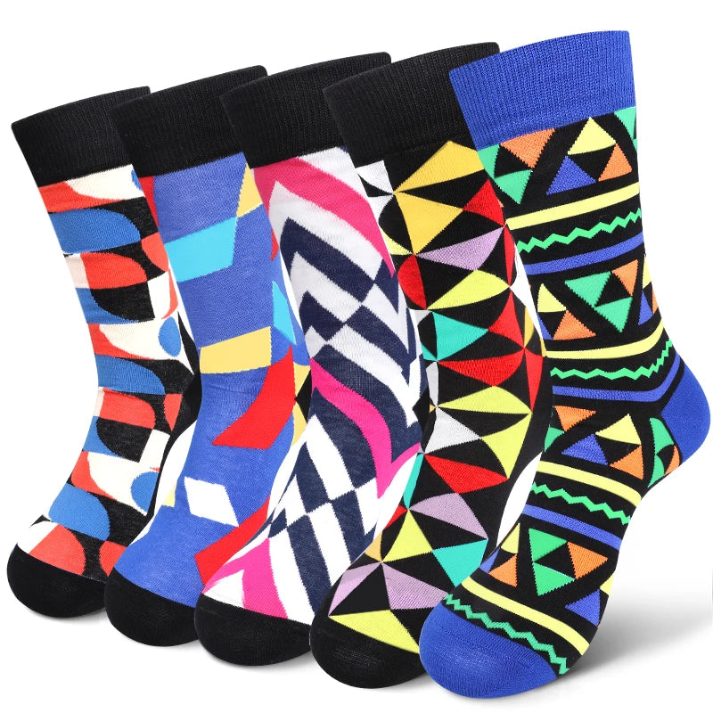 5 Pairs Colorful Geometric Men's Mid-tube Socks Fashion Breathable Sports Sock Comfortable Casual Crew Socks Suitable Daily Wear