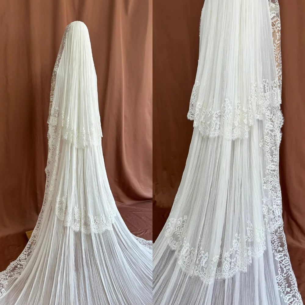 Luxury White Sheer Cathedral Veil with Tiered Lace Trim and Pleated Tulle Long Bridal Headpiece Customized V265190