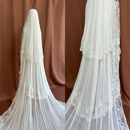 Luxury White Sheer Cathedral Veil with Tiered Lace Trim and Pleated Tulle Long Bridal Headpiece Customized V265190
