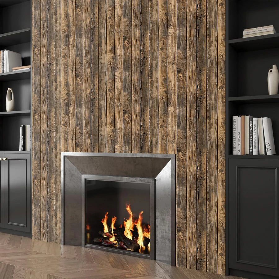 3D Dark Wood Grain Self-Adhesive Wallpaper,Retro Industrial Style, Easy DIY Installation,Waterproof PVC Wall Sticker for Kitchen