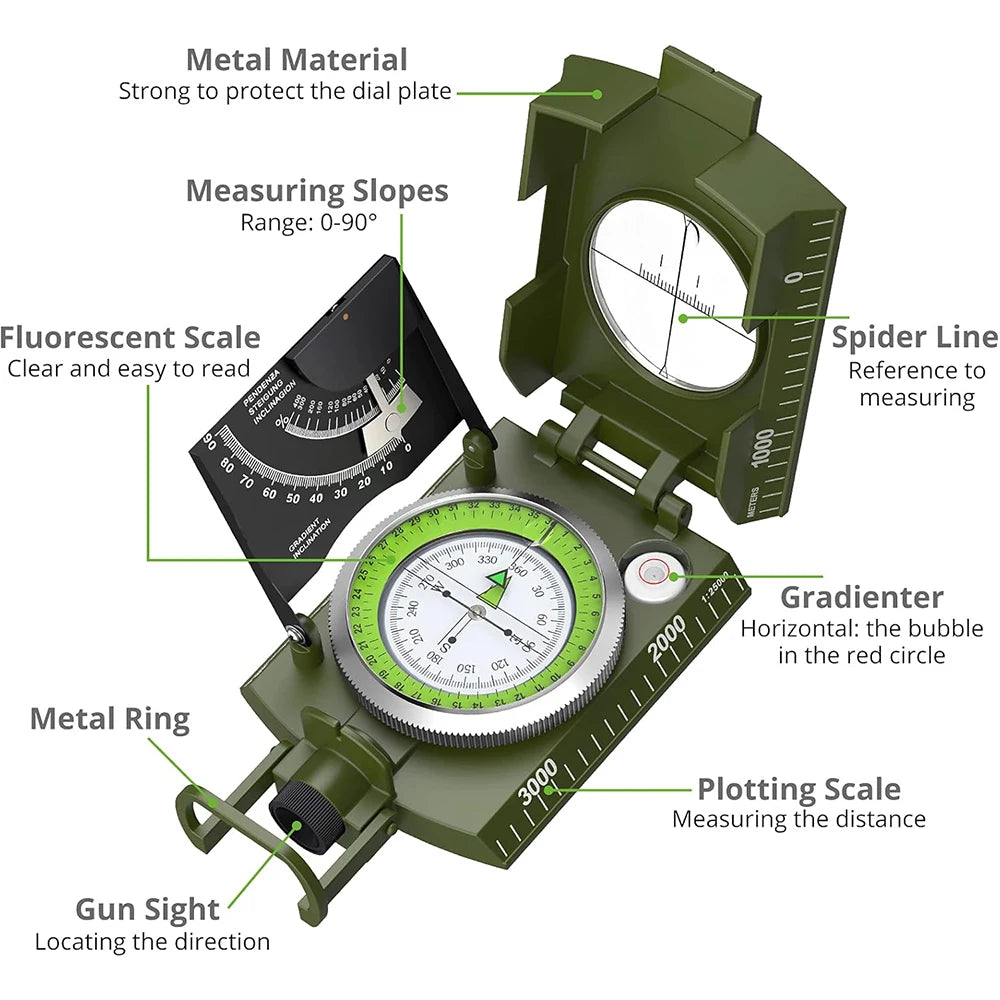 Mulitifunctional High Precision Outdoor Survival Military Compass Camping Waterproof Metal with Fluorescent Geological Compass