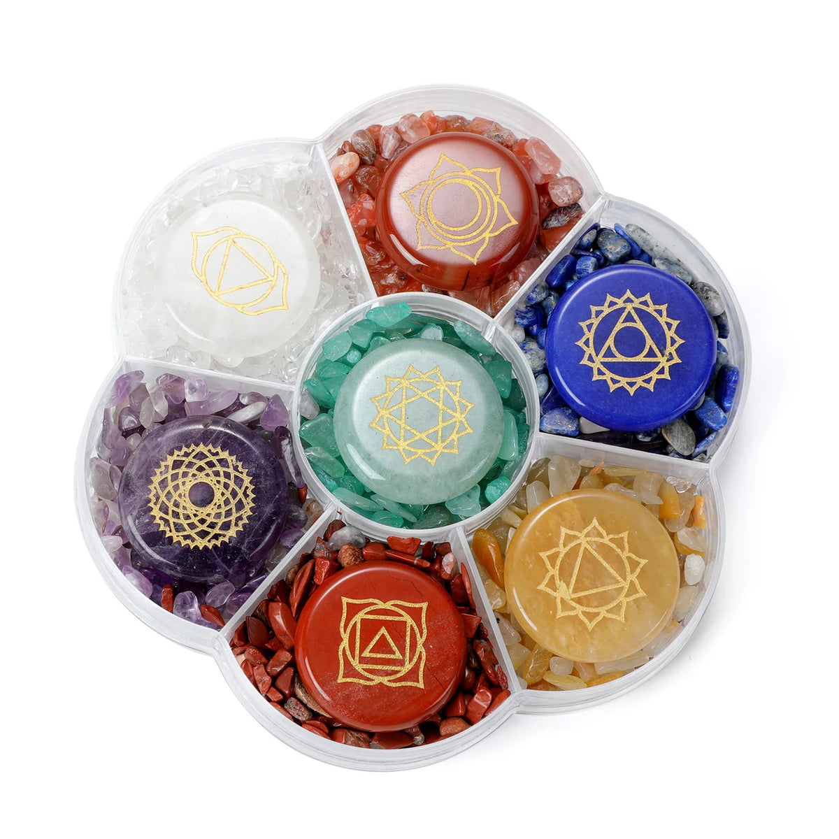 1box/set 7 Chakra Stones Natural Crystals Gemstones with Engraved Chakra Symbol Tumbled Polished Chakra Stone Meditation Crystal