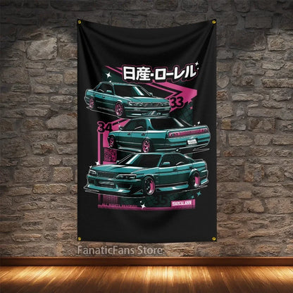 JDM Modified Racing Car Flagge Polyester Digital Printing Cars Banner For Decoration