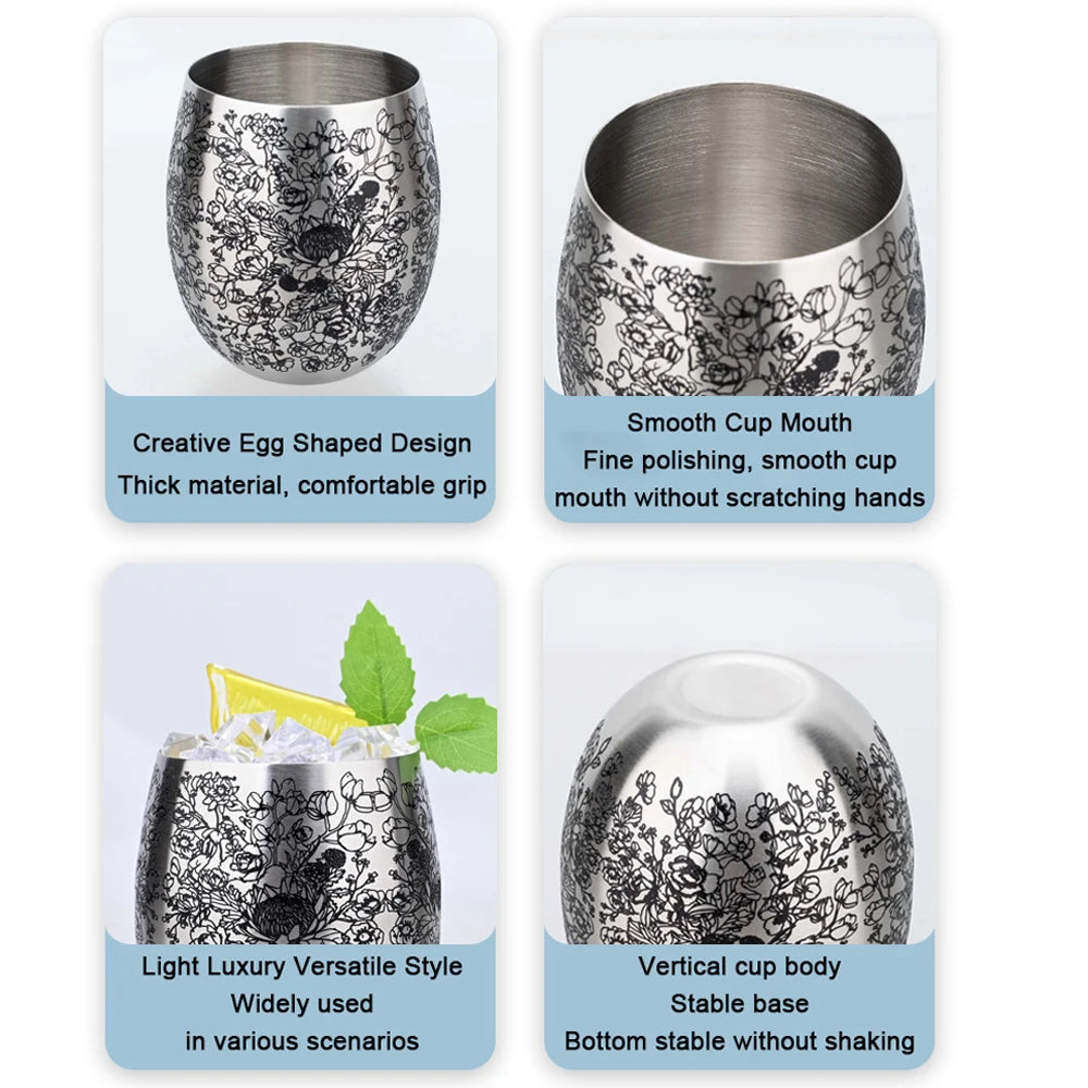 350ml Unique Flower Etching Cup Stainless Steel Egg Shaped Martell Whiskey Beer Mug Cocktail Wine Tumbler Water Drink Cups Gift