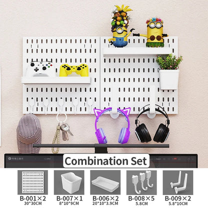 No Drill Pegboard Wall Rack Gaming Room Storage for Controllers Headphones Figures Keyboard Hooks Shelf