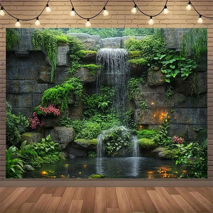 Stone Waterfall Mossy Rocks Garden Tapestry Zen Meditation Space Outdoor Patio Decor Tranquil Flowing Water Natural StoneTexture