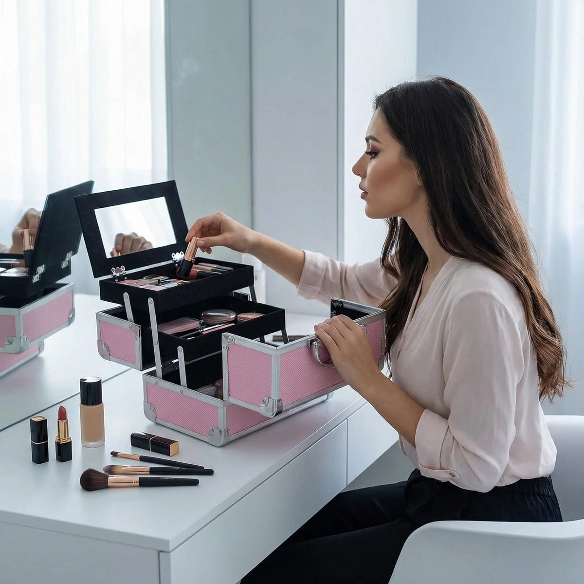 Portable Makeup Case with Lock & Mirror | Professional Cosmetic Organizer for Travel, Nail Tech & Aestheticians | Secure Storage
