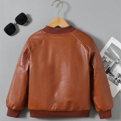Kids PU Leather Jacket Boys Girls Plus Velvet Thick Warm Coat Autumn Winter Fashion Outerwear Children Casual Clothing 2-14Y