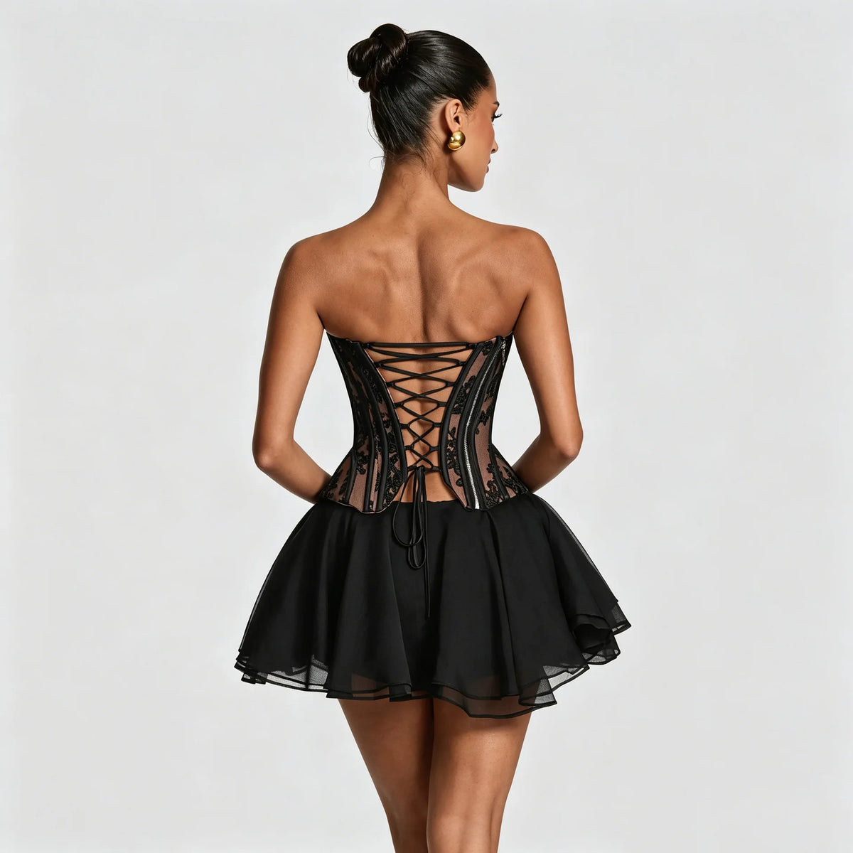 Mingmingxi Summer Sexy 2 Pieces Set Black Strapless Corset Dress Lace Up Top and Fluffy Mini Skirt Set Casual Club Party Dress