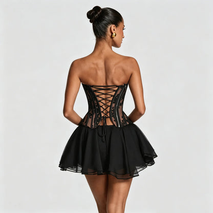 Mingmingxi Summer Sexy 2 Pieces Set Black Strapless Corset Dress Lace Up Top and Fluffy Mini Skirt Set Casual Club Party Dress