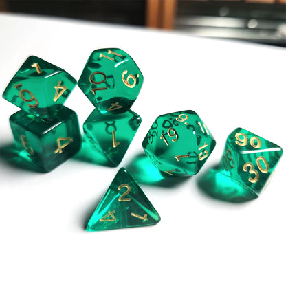 7 pcs Acrylic High-Grade Translucent Gemstone Green Polyhedral Board Game Dice, Classic and Beautiful, Dados