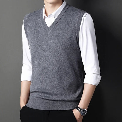 2026 Autumn Winter New Men's Solid Color V-neck Knitted Vest Casual Fashion Warm Sweater Versatile Top