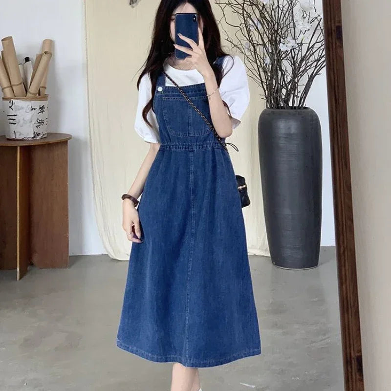 New 2025 Fashion Women's Denim Suspender Dress Causal Female High Waist A-line Solid Strap Jean Dresses Woman